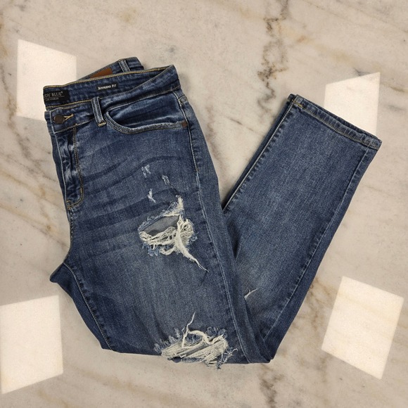 Judy Blue Denim - Judy Blue Boyfriend Jeans 13/31 Blue Distressed Ripped Streetwear‎ Denim Casual